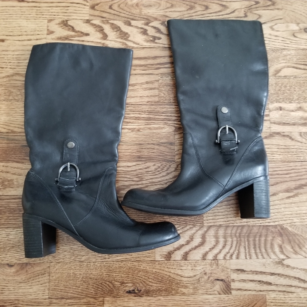 (8.5M) Leather Upper Chunky Heel Classic Black Boot Dressy Moto Goth